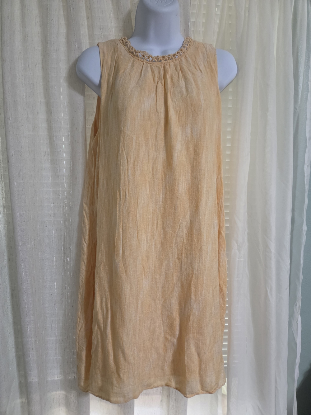 Hem & Thread Sleeveless Peach Shift Dress with Crochet Neckline